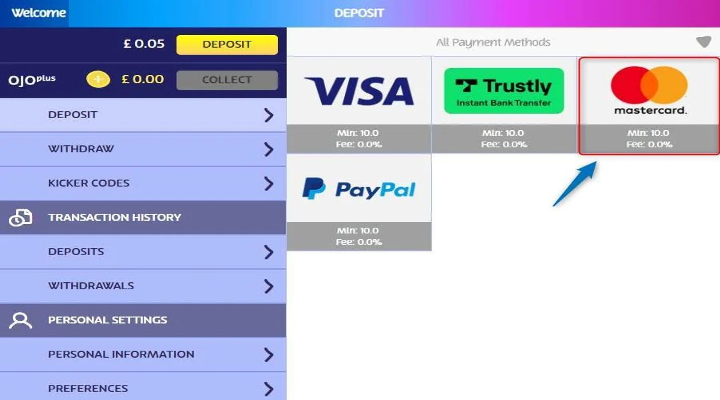 Dépôt sur PlayOJO avec Mastercard